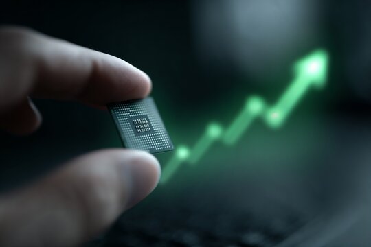 Hand holding microchip with rising green graph in background