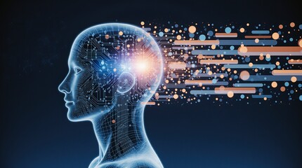 Digital human head with data streams flowing outward