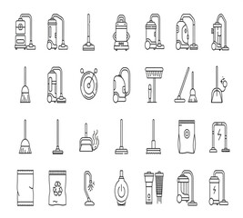Collection of cleaning tools and appliances icons isolated on white background showcasing vacuum cleaners, brooms, dustpans, and other equipment for household hygiene