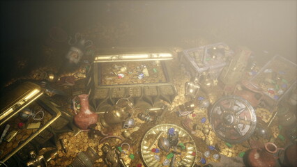 A mysterious treasure trove reveals countless gold coins and aged artifacts scattered across the ground.