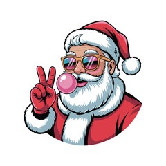 Cool santa claus with sunglasses and bubblegum making peace sign festive holiday fun