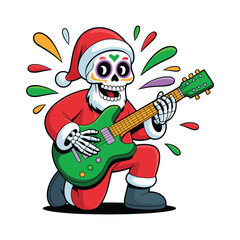 Skeleton santa plays a vibrant green electric guitar with colorful splashes celebrating christmas and day of the dead