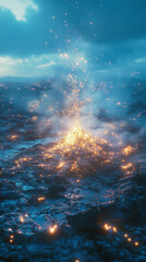 Obraz premium Hyperrealistic volcano releasing glowing vapor into the sky with radiant light effects and surreal colors, symbolizing energy, nature power, and atmospheric beauty