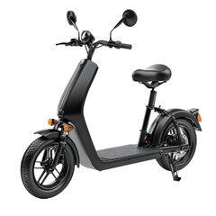A sleek black electric scooter with a seat and round side mirrors shown transparent background, png