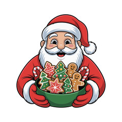 Jolly santa claus holds bowl full of festive christmas cookies gingerbread trees stars and candy canes