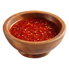 A rustic wooden bowl filled with a vibrant red chili and sesame seed dipping sauce isolated on a black background