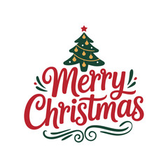 Festive merry christmas text with decorated tree and swirls celebrating winter holidays