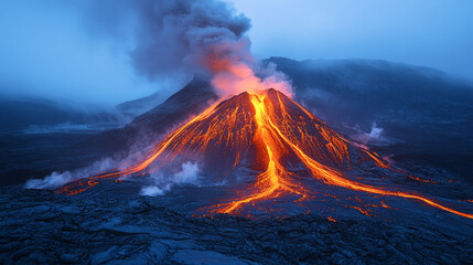 Hyperrealistic volcano releasing glowing vapor into the sky with radiant light effects and surreal colors, symbolizing energy, nature power, and atmospheric beauty