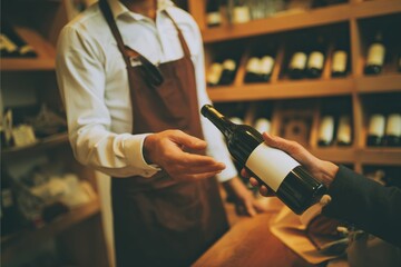 Male wine shopkeeper assisting customer with bottle selection in store.