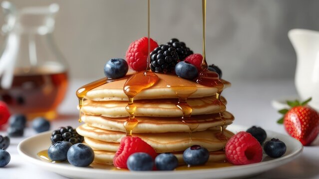 Stack of pancakes with berries and syrup