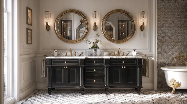 Luxurious traditional bathroom vanity in black and marble, elegant and classic, with gold mirrors and fixtures