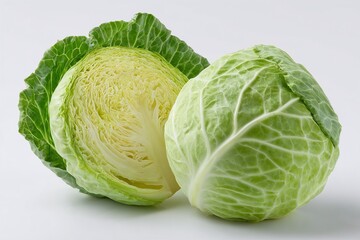 Fototapeta premium Fresh whole and half-cut cabbage head, green and healthy, on an isolated white background