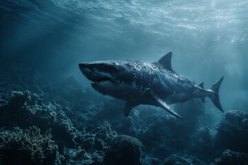 Fototapeta premium Massive great white shark swimming fiercely over a dark coral reef, powerful and wild, in deep blue underwate