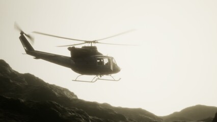 Naklejka premium A helicopter soars above rugged rocks as golden sunlight bathes the landscape, creating a stunning contrast. The scene captures the thrill of aerial exploration during dusk.