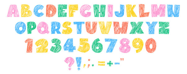 Color crayon alphabet and numbers set isolated on white background. Vector cartoon illustration of hand drawn pastel letters, figures and punctuation marks, childish font for school banner, doodle art