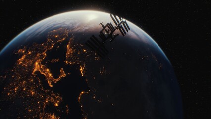 A stunning view captures Earth illuminated by city lights as the International Space Station hovers above. This breathtaking scene showcases the beauty of our planet from the cosmos.