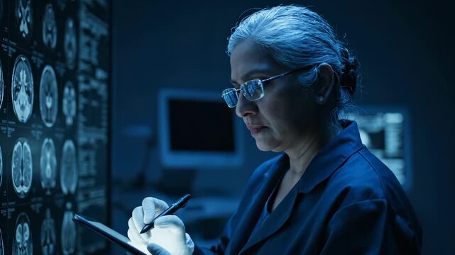 woman reviews mri and brain scan on monitor. tablet and pen assist image capture and analysis. report compiles scan data from multiple film slices for diagnostic study. dataset aids metric review.