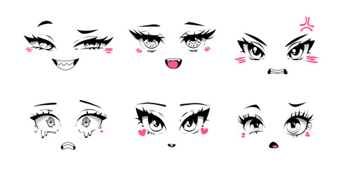 Anime character facial expressions set on white background. Vector cartoon illustration of cute kawaii style female face with big eyes and mouth, happy, sad, angry, scared and crying woman emoji