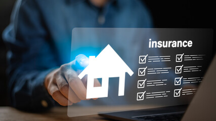 A businessman selects home insurance coverage digitally using a futuristic touchscreen interface, illustrating modern protection solutions and innovation in property risk management.