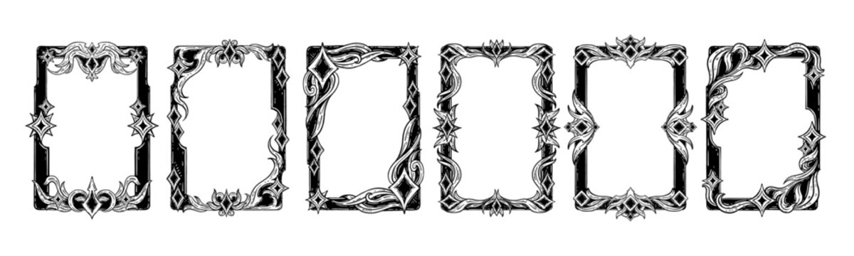 Game frame set, fantasy tarot card border hand drawn magic reverse occult decor print rectangle. Vintage medieval floral ornament antique luxury elegant design. Mystic game frame organic cover graphic