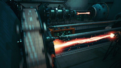 Inside a high tech facility, advanced machinery is at work, featuring glowing beams of energy. Engineers monitor controls while vibrant lights illuminate the scene with excitement and innovation.