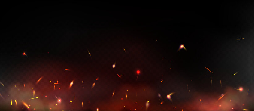 Glowing fire spark particles with orange embers flying upward on dark background for energy effects or heat visuals. Burning fragments and hot flakes at night. Welding or bonfire atmosphere overlay.
