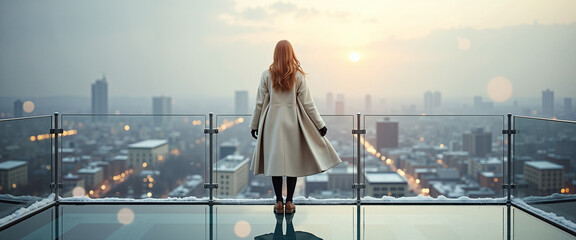 Woman in coat standing on balcony looking at winter city lights