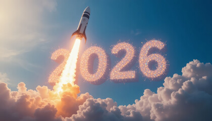 Rocket launching into the sky with bright trails forming the number ‘2026’, representing ambition, innovation, and a bold new start