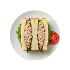 Delicious tuna salad sandwich on white plate, fresh lettuce and tomato garnish presentation