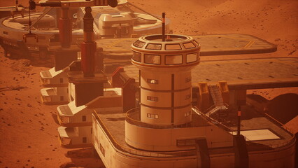 A grand Martian base stands on the red planets surface under an orange sky. Various modules show advanced designs for habitation and research, hinting at a thriving community. © icetray