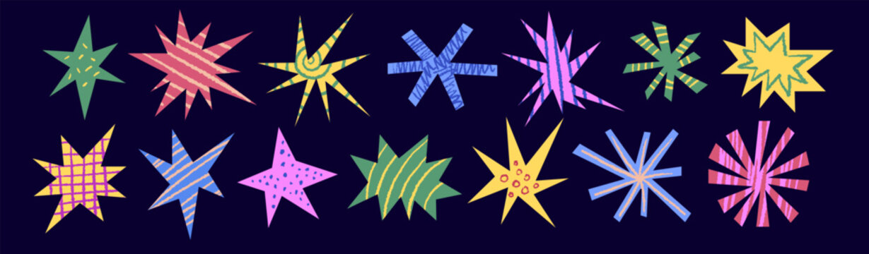 Set of textured playful stars shapes with brush texture. Scrapbook flare glare. Cutout paper stickers and scribble crayon design.