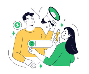 Fototapeta premium Content marketing and SEO strategy vector. Characters collaborating to promote brand awareness for target audience. Social engagement concept illustration.