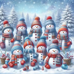 Charming Collection of Snowmen in Colorful Hats and Scarves Surrounded by a Winter Wonderland © Meng