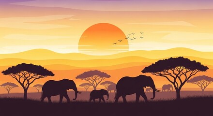 Fototapeta premium Sunset Safari with Elephants Walking Through the Savanna