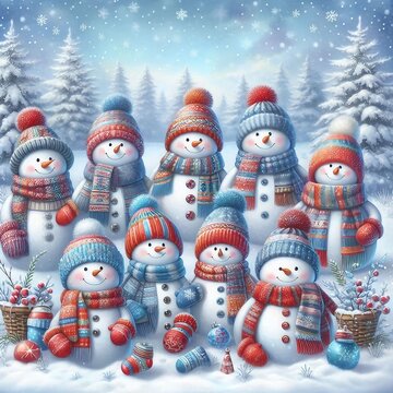 Charming Collection of Snowmen in Colorful Hats and Scarves Surrounded by a Winter Wonderland