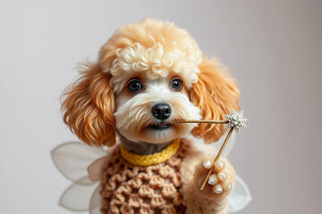 A fluffy poodle in a cute fairy costume smiles while holding a sparkling wand. The cozy setting showcases the dog&rsquo;s playful nature and charming outfit