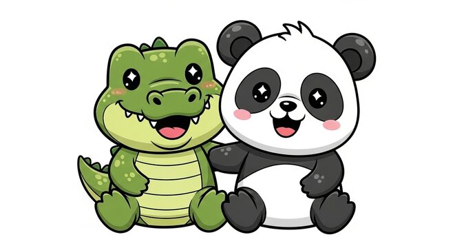 Cute Cartoon Crocodile and Panda Sitting Together