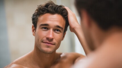A young man with a confident expression grooming himself in a bathroom. The setting is bright and modern, reflecting self-care and personal hygiene.