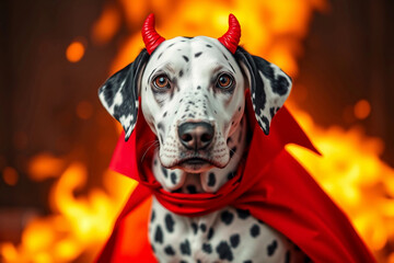 A Dalmatian dog poses wearing a red cape and devil horns in front of a bright, flickering fire, showcasing a fun Halloween spirit. The setting is festive and playful, emphasizing the seasonal joy