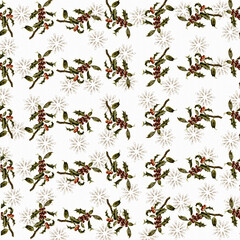Seamless repeating Christmas holly pattern, leaves and berries on a white background. Festive design for wrapping paper, textiles, and holiday backgrounds. Christmas texture for seasonal design.