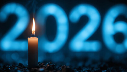 A candle being lit in the darkness, with faint glowing numbers ‘2026’ in the background, symbolizing light, hope, and rebirth