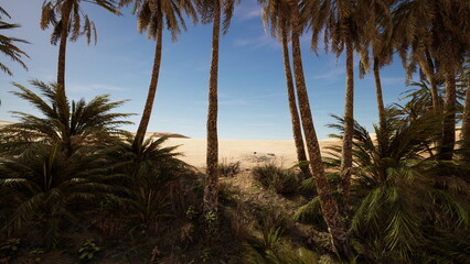 Fototapeta premium Beneath a vibrant blue sky, tall palm trees frame a scenic view of sandy dunes stretching into the distance. The blend of greenery and golden sand creates a tranquil atmosphere.