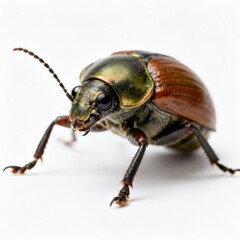 Macro close-up of a metallic leaf beetle on a white background, detailed view of shiny green head and brown elytra, insect macro photography, entomology science concept, open space minimalistic compos