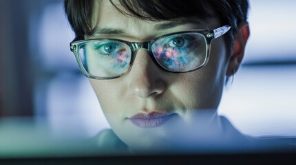 Focused woman with glasses reflecting computer screen in dark room