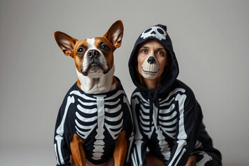 A dog and its owner wear matching skeleton costumes, sitting together in a cozy indoor setting, capturing the spirit of Halloween with a playful atmosphere