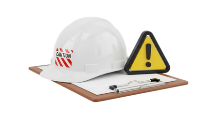 White hardhat caution sign and clipboard safety workplace concept video 4k