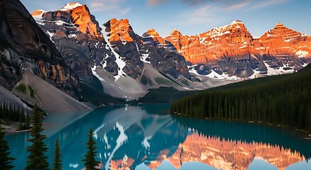 Turquoise lake reflects snow capped mountains at sunrise water reflection