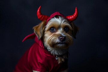 A small dog with a fluffy coat wears a red hoodie and red devil horns, looking curiously at the camera. The backdrop is dark, creating a focused and playful atmosphere