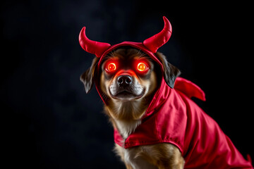 A dog is dressed in a vibrant red devil outfit, complete with horns and a cape. Its eyes glow brightly, creating a striking visual against a dark background