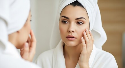 Woman examining her face in the mirror after a bath wearing a towel and robe